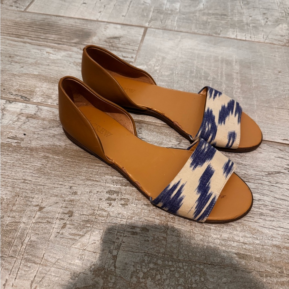 J.Crew Tan and Blue Peep Toe Flats Size 7.5